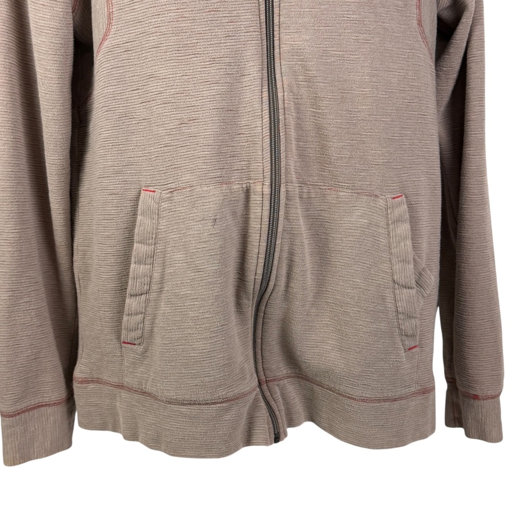 Prana Men's Large Full Zip Hoodie Tan Red Organic Cotton Textured‎ Rib Knit - Picture 8 of 11